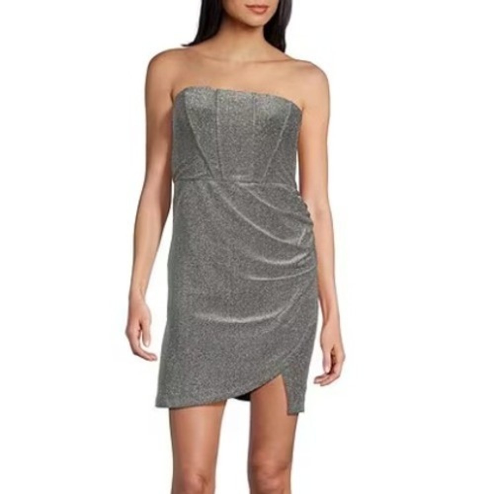 Lulus Sensational Shine Mini Dress Womens Small‎ Silver Strapless Ruched Holiday